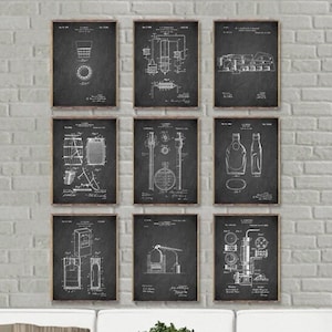 Set di 9 poster WHISKY, brevetto per fiaschetta da whisky vintage, brevetto per bicchiere da whisky, brevetto per processo di produzione del whisky, regalo fantastico per gli amanti del whisky [304-306a313]