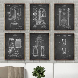 Set di 6 stampe brevetti WHISKY, decorazione da parete brevetti whisky, brevetto bicchiere whisky, brevetto botte whisky, poster distillatore whisky, decorazione da parete bar