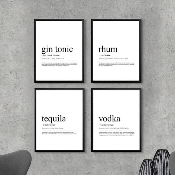 Set of 4 Alcohol definition prints, Gin Tonic, Rhum, Tequila, Vodka definition poster, Distilled Spirits definition posters, Mixology decor