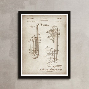 SAXOPHONE patent poster, Woodwind instrument patent, Vintage Saxophone patent print, Musical Instrument poster, Musician wall art decor [569