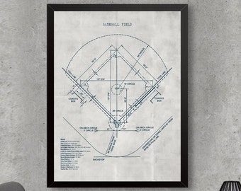 Impresión de campo de BÉISBOL, póster técnico de campo de béisbol, decoración de pared con diagrama de campo de béisbol, impresión de patente de deporte de béisbol, decoración de habitación de béisbol