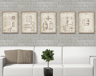 BEER patents 5 print set, Brewery patents wall decor, Beer Mugs patent, Beer Barrel, Beer Pump, Process of making beer poster, Brewery decor