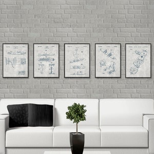 Snowboard HISTORY 5 posters patent set, Vintage Snowboard patents, Sled patent prints, Snowboard posters, Rustic decor, Winter sport decor