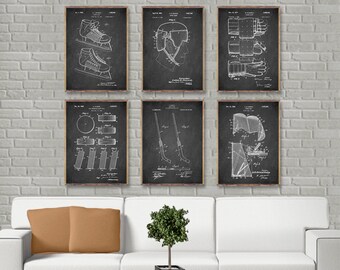 ICE HOCKEY patents 6 print set, Ice Hockey wall decor, Hockey shoes patent, puck patent, stick patent, helmet, goal, Hockey player cool gift
