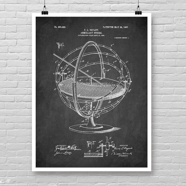 Armillary sphere patent poster, Astronomy Patent art print, Vintage Armillary sphere patent, Astronomy room decor, Space wall art decor [439