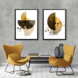 Impresiones de arte escandinavo DUO, Conjunto de pósteres de arte ABSTRACTO geométrico, Arte abstracto amarillo y negro, Pósteres contemporáneos, Decoración de arte moderno [3-4
