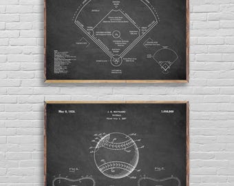 Juego de impresiones de dúo de béisbol, dibujo técnico de campo de béisbol y póster de patente de béisbol, arte mural vintage en pizarra, plano, kraft o gris.