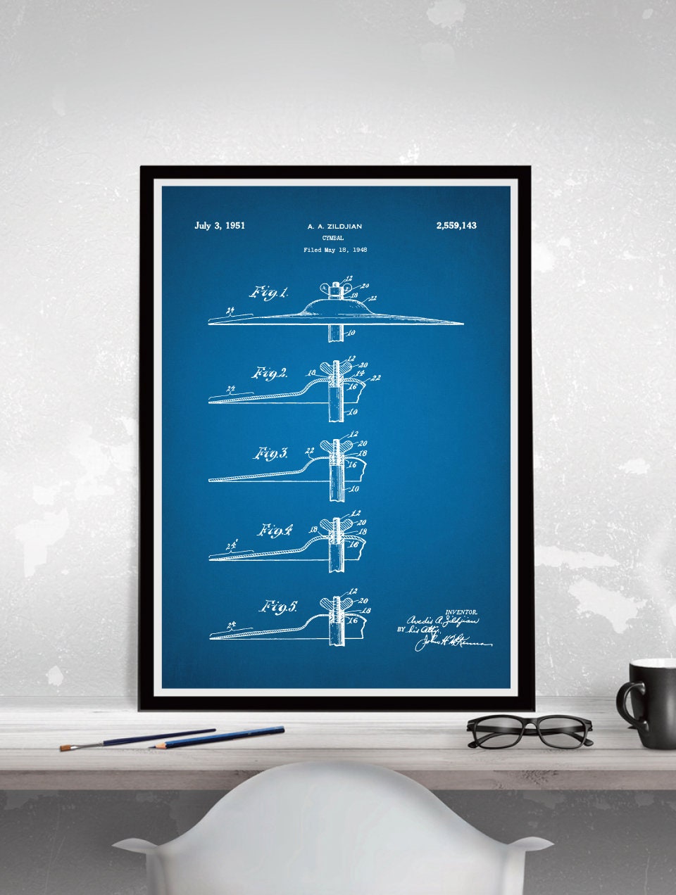 Poster Cadre Bois Noir - Tambour Et Cymbale Patent Print, Old Look, Neuf