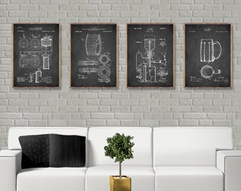 4 poster set BEER patents, Brewery patents wall decor, Process of making beer, Beer Barrel, Beer dispenser, Beer Mugs patent [269a271-273]