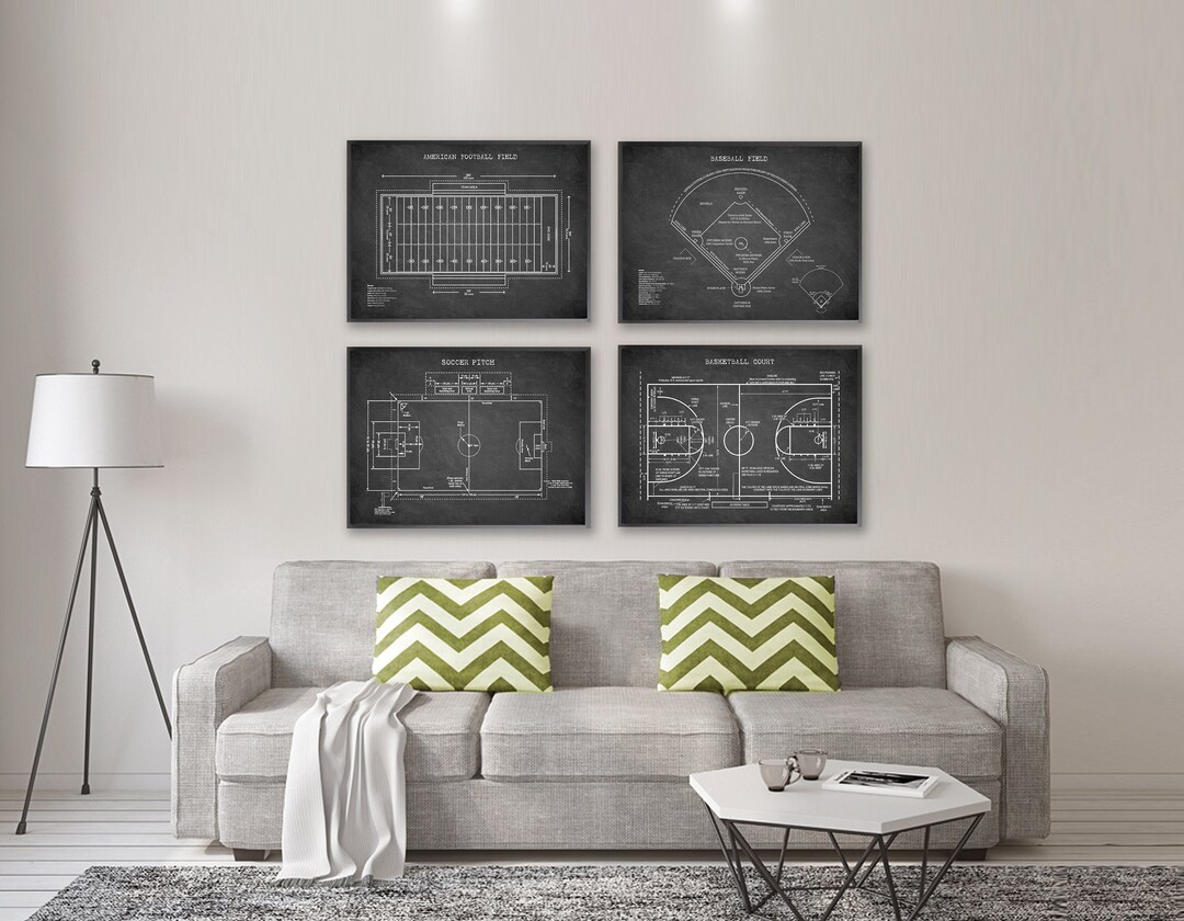 TEAM SPORT FIELDS 4 Poster Set, Football Field Print, Baseball Field ...