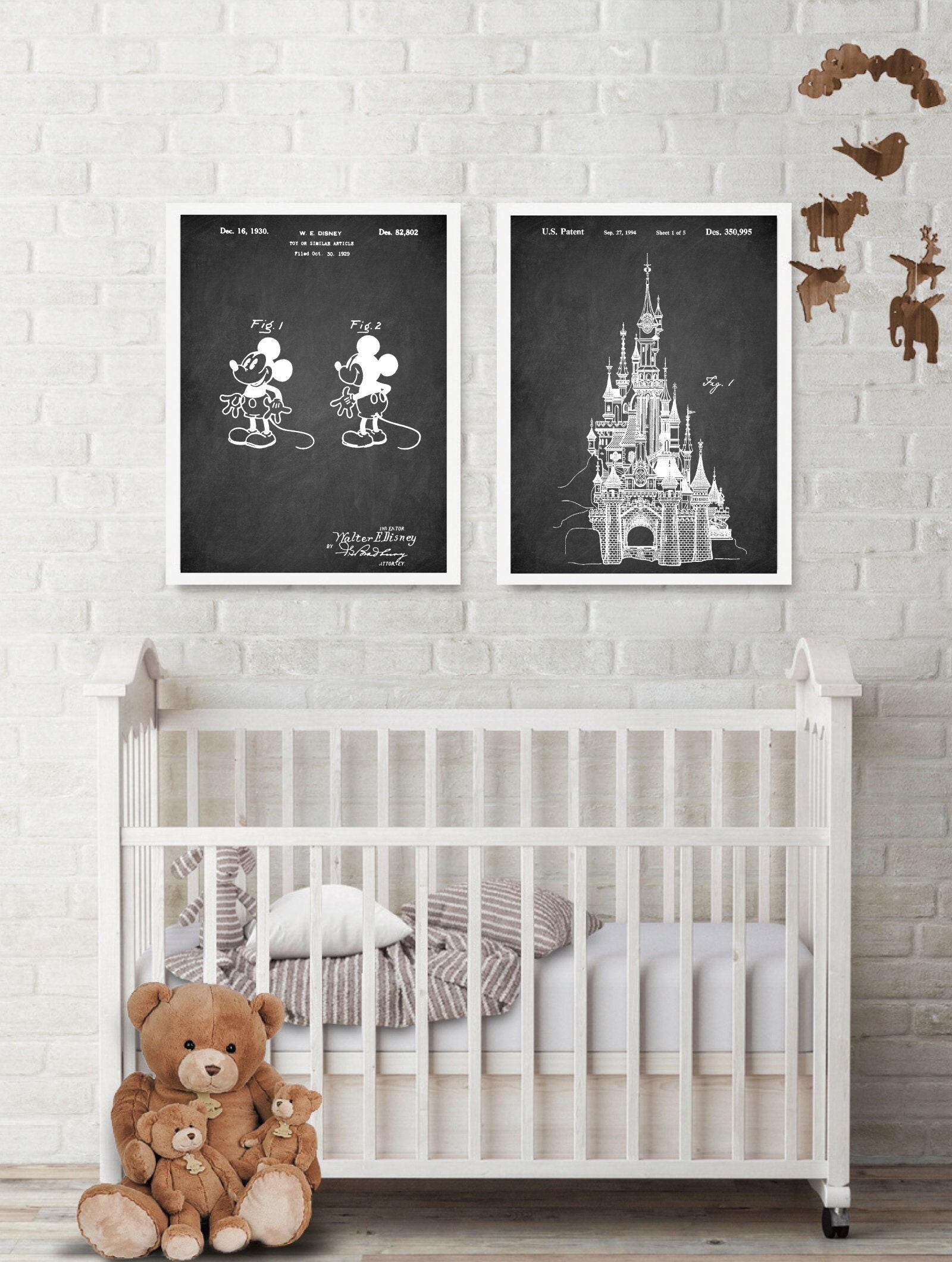 W E Disney Maus und Schloss Patente 2 Poster Set, Pop Art Maus Druck, Cinderella Castle Patent, Walter E Disney Patent, Magic Room Decor