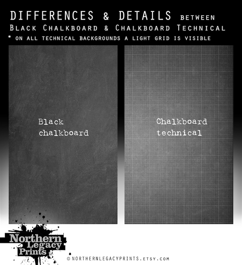 May include: Two images showing the difference between a black chalkboard and a technical chalkboard. The black chalkboard is a solid black color, while the technical chalkboard has a light grid pattern.