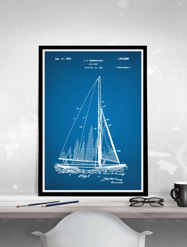 SAIL BOAT Patent Poster, SAILBOAT Blueprint Poster, Boat Patent Art ...