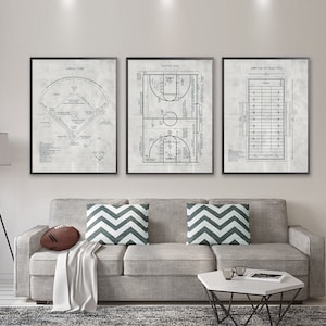Baseball Field Print : 
Detailed technical drawing of a vintage baseball field diagram. High-resolution sports wall art on blueprint, chalkboard, kraft, or vintage grey background.

Basketball Court Print :
Architect-style blueprint of a full basketball court layout. Perfect sports art print for fans, players, or game room decor.

Football Field Print :
Highly detailed American football field schematic in blueprint style. Retro design for home, office, or sports-themed spaces.