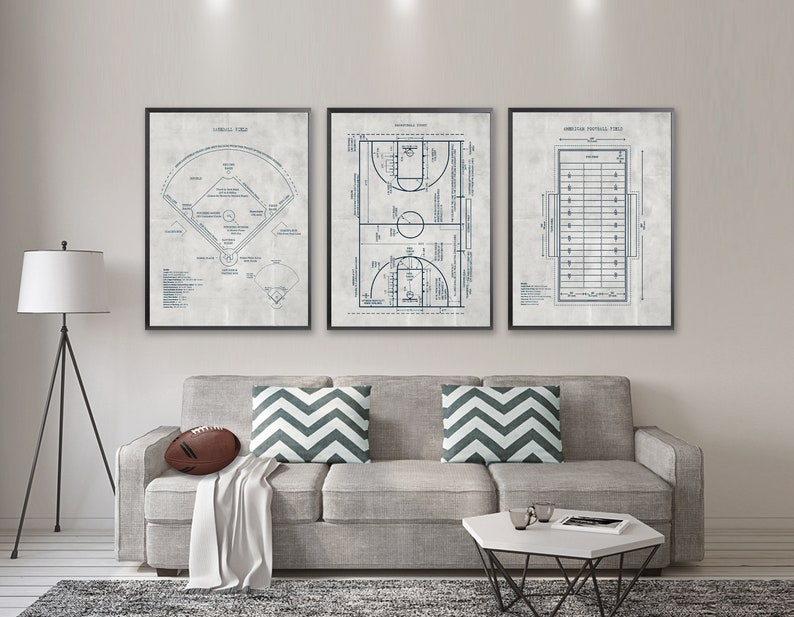 Baseball Field Print : 
Detailed technical drawing of a vintage baseball field diagram. High-resolution sports wall art on blueprint, chalkboard, kraft, or vintage grey background.

Basketball Court Print :
Architect-style blueprint of a full basketball court layout. Perfect sports art print for fans, players, or game room decor.

Football Field Print :
Highly detailed American football field schematic in blueprint style. Retro design for home, office, or sports-themed spaces.