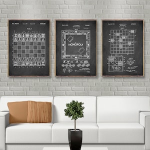 Popular Game Board 3 print set patents, Vintage Chess board game patent print, Classic Board game patent posters, Scrable Board patent print