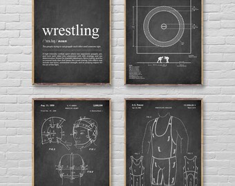 WORSTELEN 4-posterset, worstelen definitie kunstafdruk, worstelmat poster, worstelhelm patentprint, worstelpak patent poster