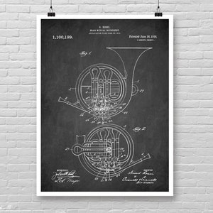 Vintage FRENCH HORN patent poster, Brass instrument print, Wind Musical Instrument, Orchestra wall art, Music decor, Musician art gift [558]