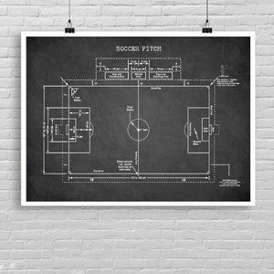 May include: A black and white diagram of a football pitch with measurements in yards. The diagram includes the penalty area, goal area, centre circle, and touchline. The text "Soccer Pitch" is at the top of the diagram.