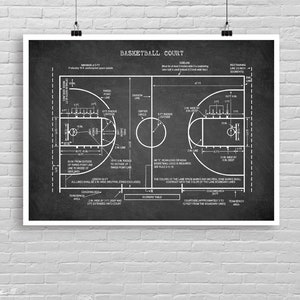 BASKETBALL COURT art print, Vintage Basketball field poster horizontal, Basketball room decor, Basketball court poster, Basketball cool gift
