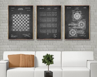 Classic GAME patents 3 poster set, Checker board game patent, Domino patent poster, Dart board patent print, Game room decor [281-284-285]