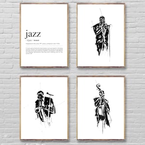 JAZZ 4 poster set, Jazz definition print, Jazzman posters, Jazz man illustration one Line art prints, Music Jazz wall decor, Jazz men prints