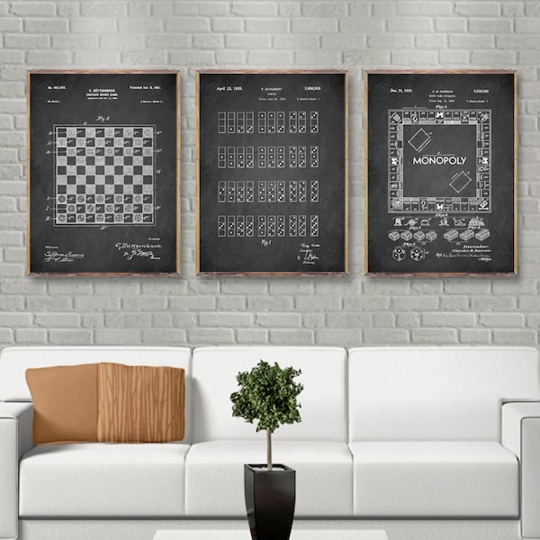 Classic GAMES patents 3 poster set, Checker board game patent, Domino patent, Board game patent print, Popular Game room decor [281-285-286]