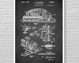 SNOWMOBILE patent print, Bombardier Chain Tread Vehicle patent, Snowmobile patent poster, Bombardier Skidoo patent poster, winter sport [137