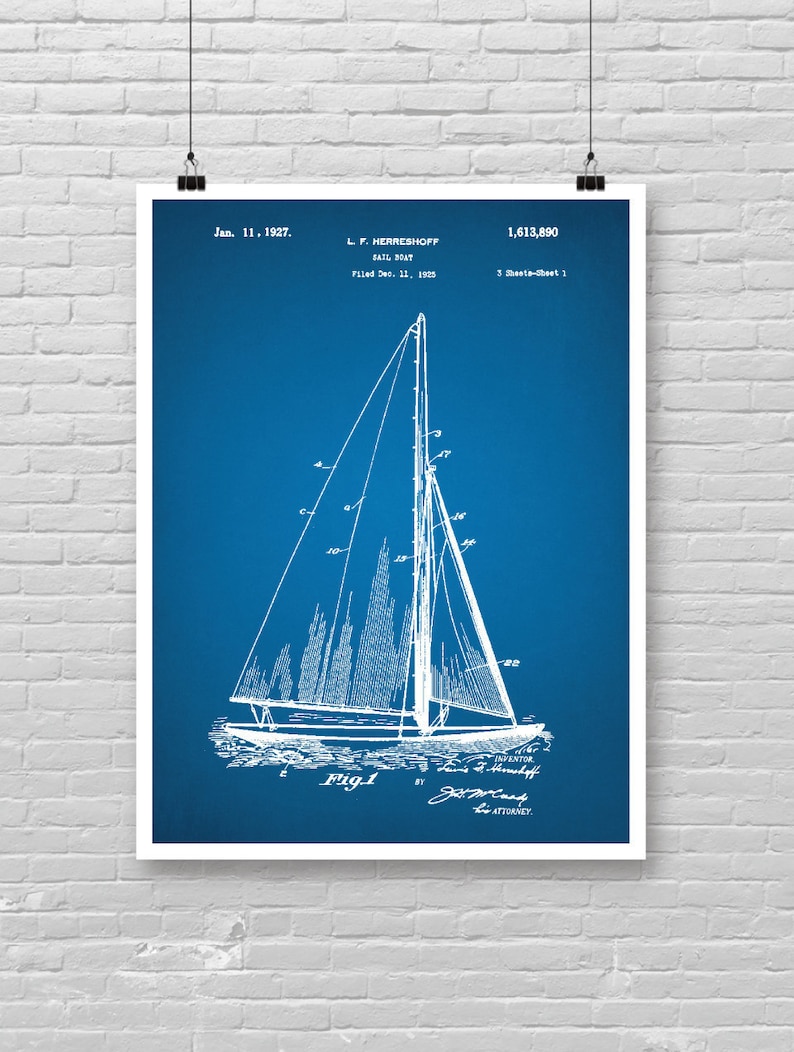 Affiche de brevet de VOILIER, affiche de modèle de VOILIER, impression d'art de brevet de bateau, impression de brevet de voilier de 1927, affiches de marine, décoration murale de bateau 40 Blue Print