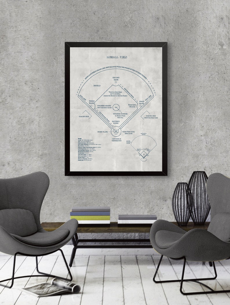 Baseball Field Print : 
Detailed technical drawing of a vintage baseball field diagram. High-resolution sports wall art on blueprint, chalkboard, kraft, or vintage grey background.

Basketball Court Print :
Architect-style blueprint of a full basketball court layout. Perfect sports art print for fans, players, or game room decor.

Football Field Print :
Highly detailed American football field schematic in blueprint style. Retro design for home, office, or sports-themed spaces.