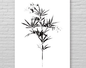 May include: Black and white watercolor painting of a bamboo plant with leaves and stems. The painting has a splattered effect.