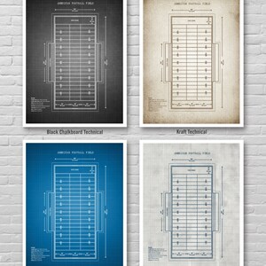 May include: Four different styles of American football field blueprints. The styles are black chalkboard, kraft paper, blue print, and creased paper. Each blueprint shows the dimensions of the field and the yard lines.