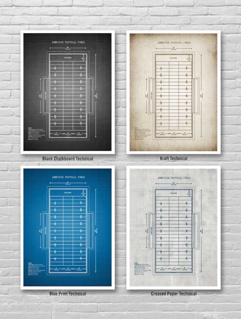 May include: Four different styles of American football field blueprints. The styles are black chalkboard, kraft paper, blue print, and creased paper. Each blueprint shows the dimensions of the field and the yard lines.