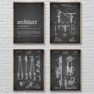 May include: Set of four black and white vintage patent prints featuring architectural tools and the definition of the word "architect".