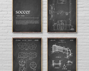 SOCCER 4 poster set, Soccer definition print, Soccer Pitch poster, Soccer ball patent print, Soccer goal patent poster, Soccer bedroom decor