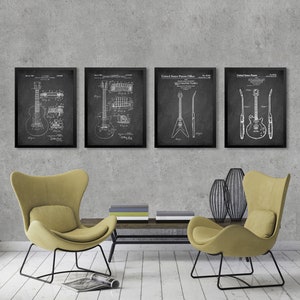 GUITAR patents 4 poster set, Vintage Guitar patent prints, Guitar posters wall art, Guitar player decor, Music room decor, Musician gift