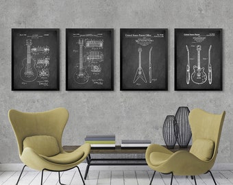 Ensemble de 4 affiches de brevets de guitare, gravures de brevets de guitare vintage, art mural affiches de guitare, décoration de joueur de guitare, décoration de salle de musique, cadeau de musicien