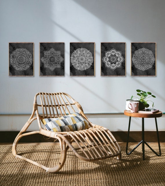 MANDALAS Illustrations 5 prints, Zen wall decor, MEDITATION Buddhism art, Mandala drawing, Mandala 5 poster set, SPIRITUAL home decor [8a12]