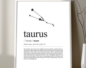 TAURUS definition poster, Taurus zodiac sign definition print, Taurus constellation definition poster, Zodiac Taurus Stars definition print