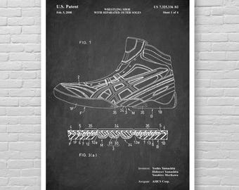 Patentprint worstelschoen, poster worstelschoen en zool technische tekening, poster worstelpatent, poster worstelen, wanddecoratie worstelen, sportposter