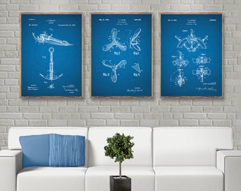 Ensemble de 3 affiches de brevet NAUTIQUE, brevet d'ancre, brevet d'hélice de navire, brevet de volant, affiches de marine, décoration d'art mural nautique [263a265]