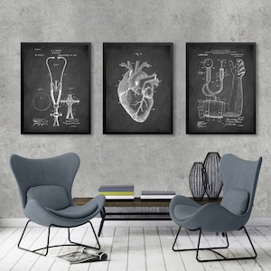 MEDICAL Patent 3 print set, Stethoscope, Anatomical Heart drawing poster, Measuring Blood pressure, Vintage Medical instruments patent print