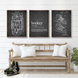 HOCKEY 3 print set, Hockey rink technical drawing poster, Hockey definition print, Hockey shoe patent print, Hockey room decor, Hockey print