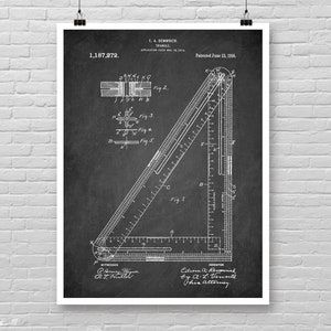 May include: Black and white vintage patent drawing of a triangle ruler. The patent number 1,187,272 is visible at the top of the drawing. The patent was filed in 1913 and patented in June 1916. The drawing shows the ruler in detail, with measurements and markings.