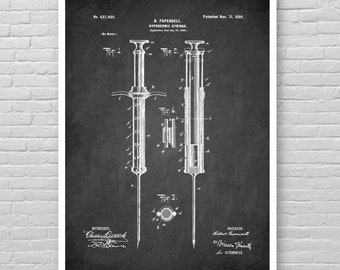 Poster injectiespuit, patentprint medisch instrument, patentprint injectiespuit, vintage medicijninstrumentoctrooi [414]
