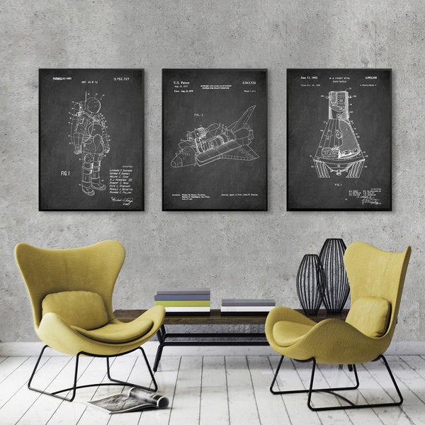 SPACE Patent kit of 3, Vintage print of Space Shuttle, Space suit patent print, Space Capsule patent poster, Space wall decor [451-452-462]