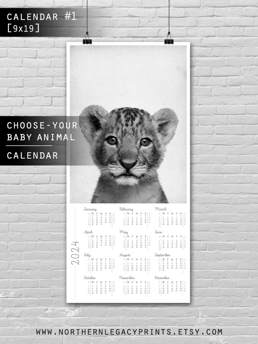2025 One Page CALENDAR, Baby Animal Calendar Print, Baby Animal Art