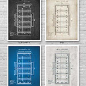 May include: Four printable designs of an American football field, each with a different background: black chalkboard, kraft paper, blue print, and creased paper. The field is outlined in white and includes yard lines, end zones, and the 50-yard line.