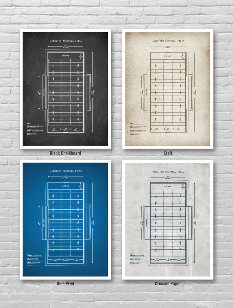 May include: Four printable designs of an American football field, each with a different background: black chalkboard, kraft paper, blue print, and creased paper. The field is outlined in white and includes yard lines, end zones, and the 50-yard line.