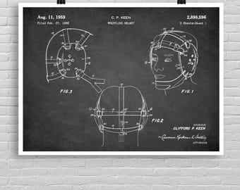 Patentprint worstelhelm, poster met technische tekening worstelhelm horizontaal, poster met worstelkunst, wanddecoratie worstelen, sportprint
